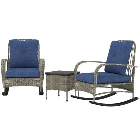 Outsunny 3 Pieces Wicker Patio Furniture Set, Outdoor PE Rattan Rocking Chairs with Coffee Table, Cushions for Porch, Garden Gray