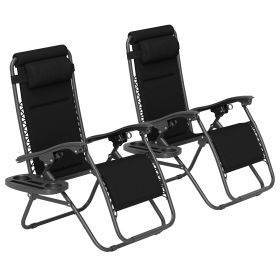 Outsunny Zero Gravity Lounge Chair Set, 2 Pieces Reclining Folding Outdoor Lounge Chairs with Headrest Side Tray, Black