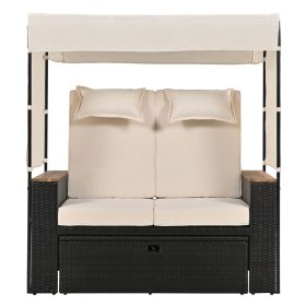 TREXM 2-Piece Outdoor Rattan Daybed, Outdoor Bed with 5 Positions, Outdoor Loveseat Patio Sofa with Bench Lounge Roof Set and Cushions for Poolsi