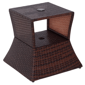 Outsunny Rattan Wicker Patio Side Table with Umbrella Hole 2 Tier Storage All-Weather Garden Furniture Mixed Brown