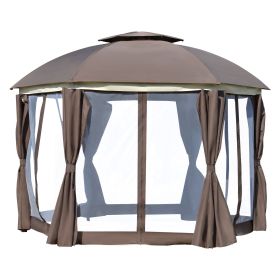 Outsunny Brown Steel Gazebo Paradise: 12x12 Party Tent with Double Roof, Curtains & Netting