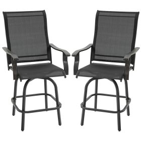 Outsunny Set of 2 Outdoor Swivel Bar Stools with Armrests, Bar Height Patio Chairs with Steel Frame for Balcony, Poolside, Backyard, Black