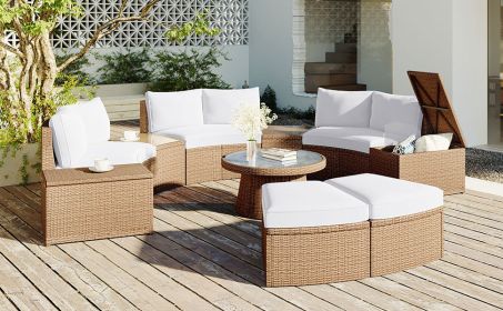 TOPMAX 10-Piece Outdoor Sectional Half Round Patio Rattan Sofa Set, PE Wicker Conversation Furniture Set for Free Combination, White