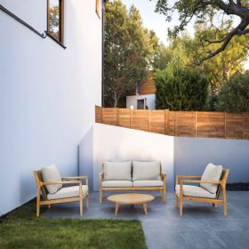 Direct Wicker Outdoor 4-Piece Acacia Wood Furniture Set, All-Weather Patio Sectional Sofa Set with Coffee Table, Gray & Natural