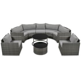 GO 9-Pieces Outdoor Half-moon Patio Sofa Set, Round Sofa Set, Modern Style Sofa, Gray Wicker