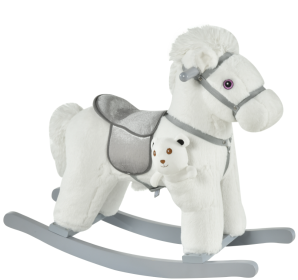 White Plush Rocking Horse With Bear Toy For Kids, Soft   Sound Rocker, Ideal For Nursery  Playtime (Color: White)