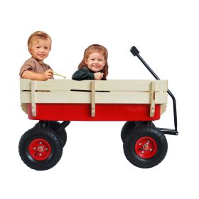 Outdoor Sport Wagon Tool Cart Wooden Side Panels Pneumatic Tire Wagon - Red (Color: Red)