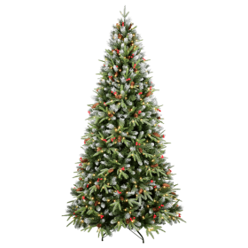 Artificial 6ft Green LED-lit Christmas Tree With 1593PE PVC Mixed Branch Tips,Red Fruit And Pine Cone,Hinged Premium & Foldable Base For Indoor H (Option: Default Title)