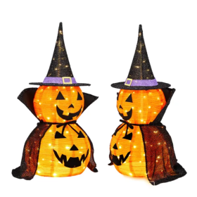 2Packs 3FT Halloween Collapsible Lighted Pumpkin Decoration, 176 LED Pop-Up Pumpkin Lamp With Cape, Plug In Halloween Jack-O-Lantern With Metal S (Option: Style1)