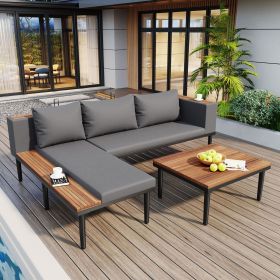 Luxury Patio Furniture Set with Removable Cushions and Coffee Table, L-Shaped Acacia Wood Sofa with Side table (Color: as Pic)
