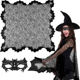 2 Pcs Halloween Poncho For Women Black Bat Spider Web Poncho And Lace Mask Masquerade Mask Halloween Party Cosplay Costume Accessory Day Of The D (Color: Black)